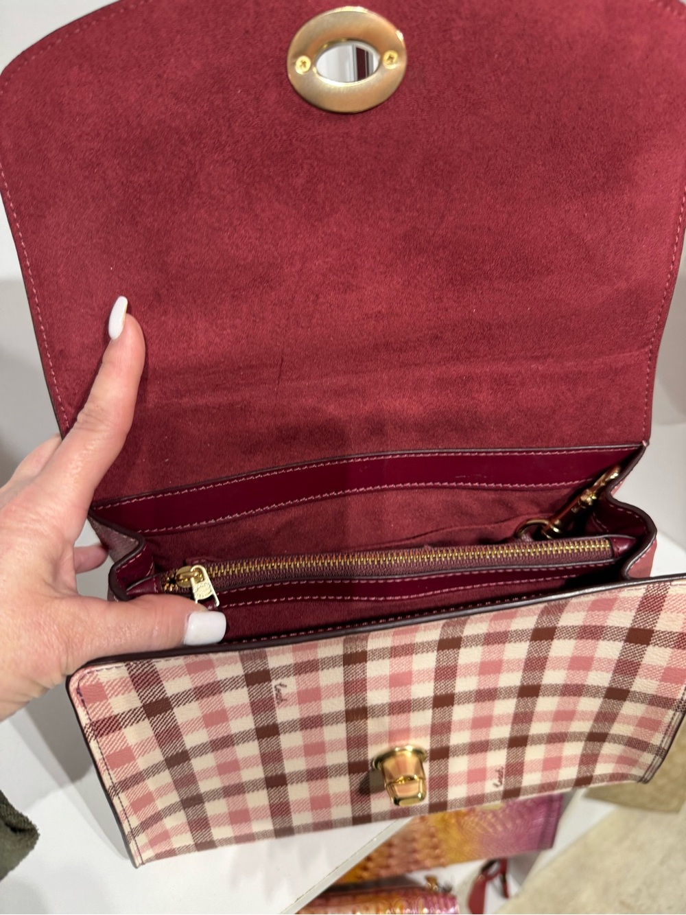 Coach Tilly Berry Pink Leather & Plaid Top-Handle Satchel - Picture 4 of 5